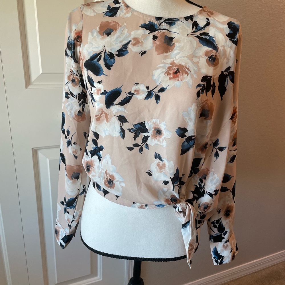 Socialite Blush Floral Long-Sleeve Tie-Front Blouse
